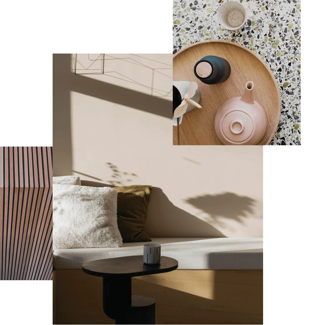 Image cluster featuring an abstract wooden sculpture, a sun-drenched corner with a small table and mug and fluffy pillows and wooden serving tray with a ceramic teapot and mug 