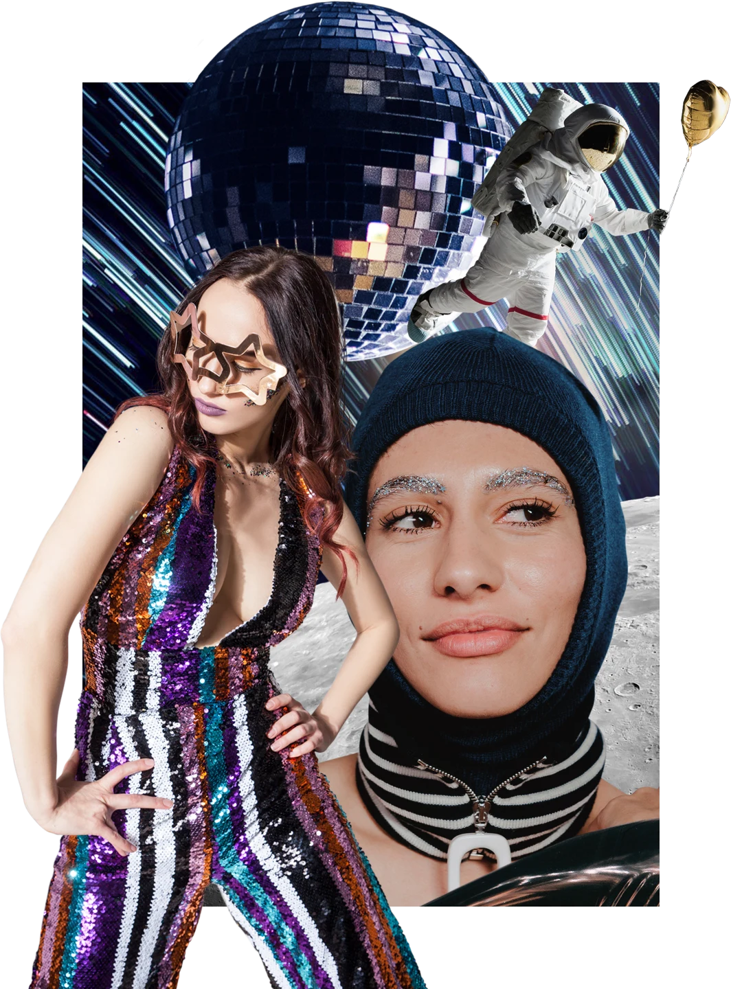 Backdrop of outer space with a large disco ball and astronaut at top. White woman with star glasses in striped jumpsuit at left. Arab woman in black balaclava at right. Large moon in the bottom background.

