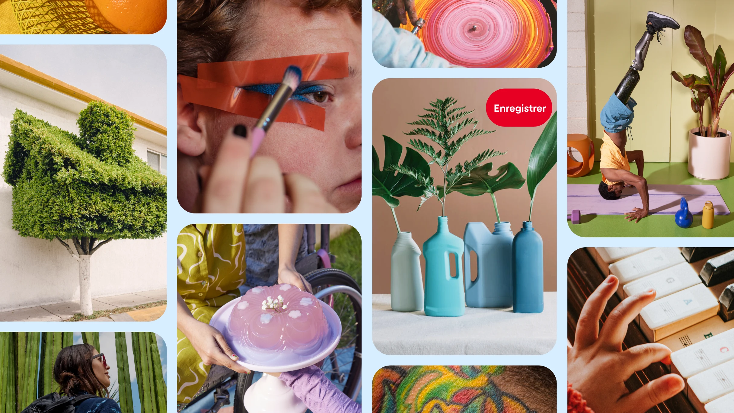  Une page d’accueil Pinterest avec une personne qui applique du maquillage, des plantes vertes dans des vases, une personne avec prothèse de jambe faisant une figure sur la tête, et plus.