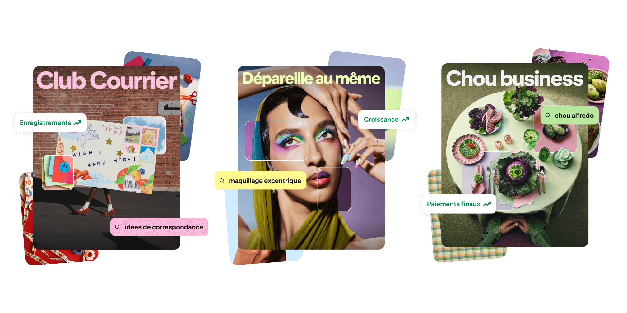 Des images superposées et des exemples de recherches illustrent trois tendances : « Club Courrier », « Dépareille au même » et « Chou business » 