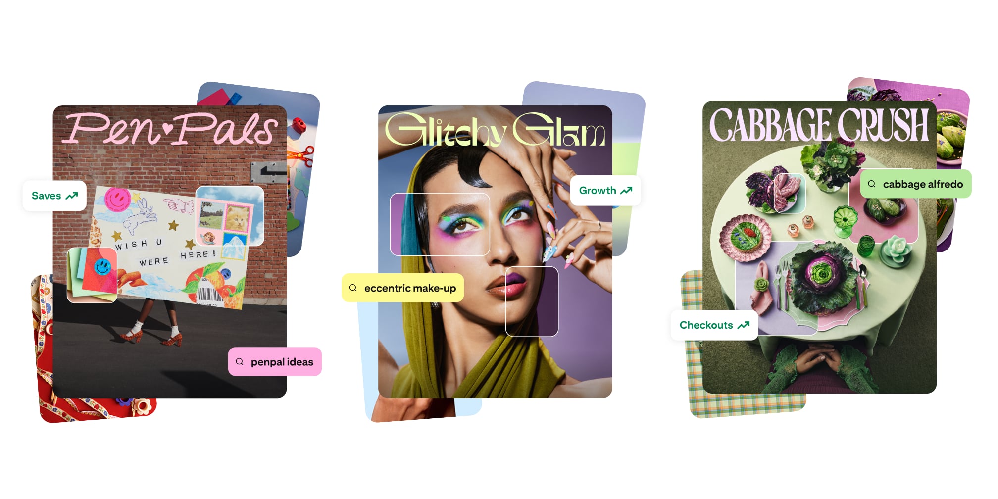 Layered images and example searches represent three trends: Pen Pals, Glitchy Glam and Cabbage Crush 