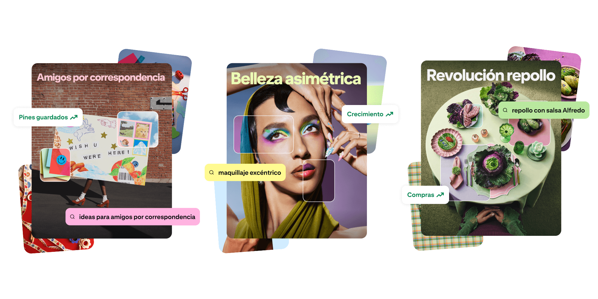 Imágenes en capas y búsquedas de ejemplo que representan tres tendencias: Amigos por correspondencia, Belleza asimétrica y Revolución repollo. 