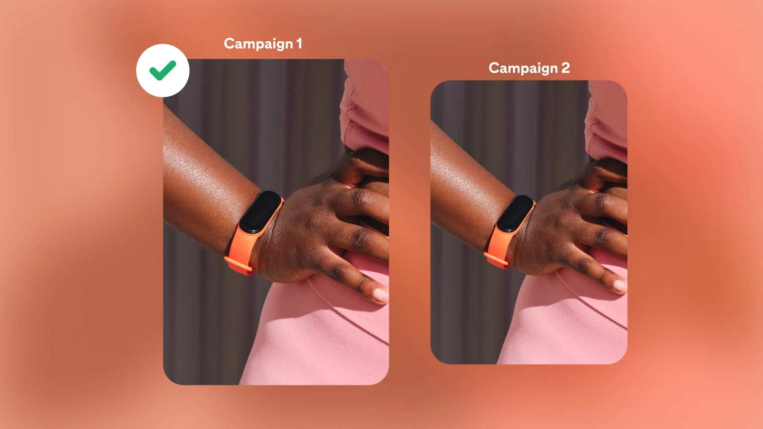 Two campaigns for watches are set on a vibrant orange background. Campaign 1 is highlighted as the winner by a green tick.