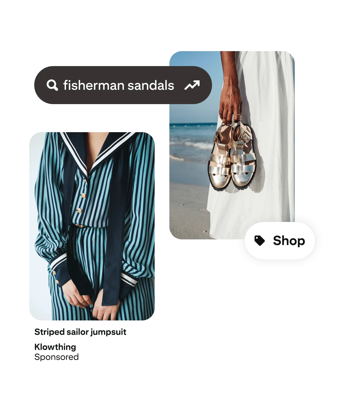 Two “Fisherman Aesthetic” Pins show a striped sailor jumpsuit and a woman on a beach holding sandals, along with a search box that reads “fisherman sandals” and a “shop” icon.
