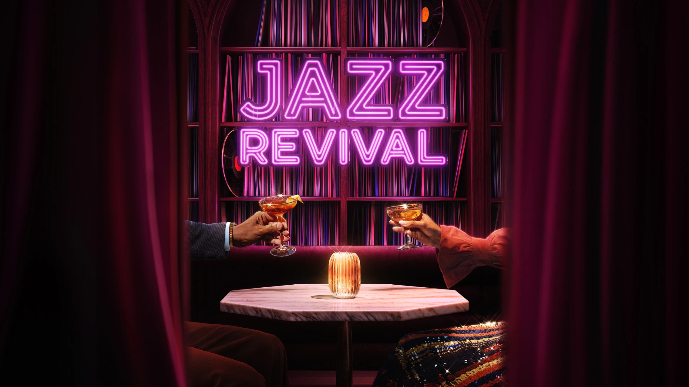 Dimly lit jazz bar with velvet curtains features two hands outstretched with cocktails under a neon sign. Neon sign in the background reads “Jazz revival” in hot pink letters.