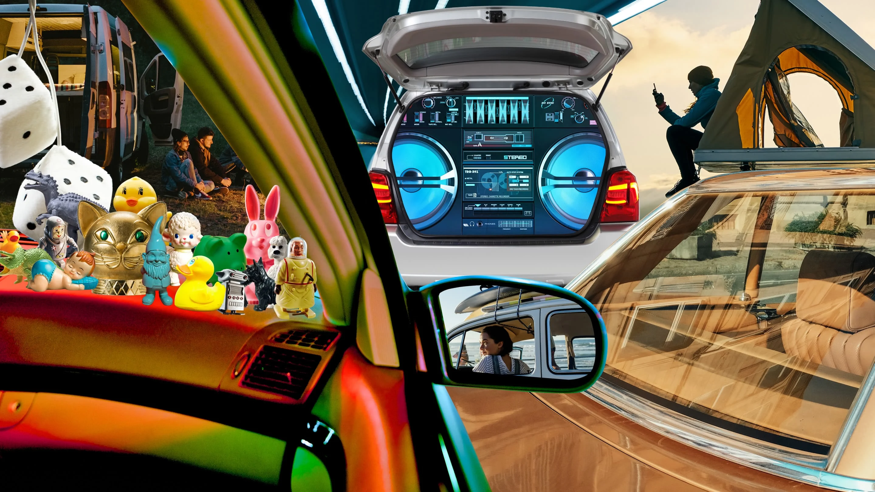 Collage of cars. Figurines and toys on a dashboard. Woman in the center viewed through a driver’s rear-view mirror. Hatchback raised to show a boom box, person on a cellphone near a tent and view through the rear of a car window to the right.
