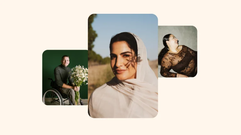 A collage shows multiple people, featuring a mix of people from different backgrounds, physical abilities and appearances.