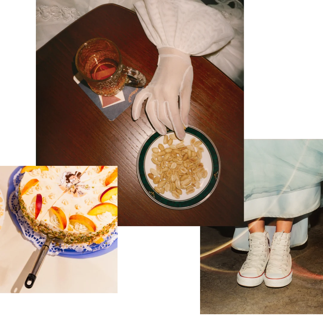 Image cluster featuring: minimalist one-tier wedding cake with sliced peaches on top, a bride’s hand in sheer gloves reaching for a plate of bar snacks, a bride showing a peek of her casual sneakers under her wedding dress.