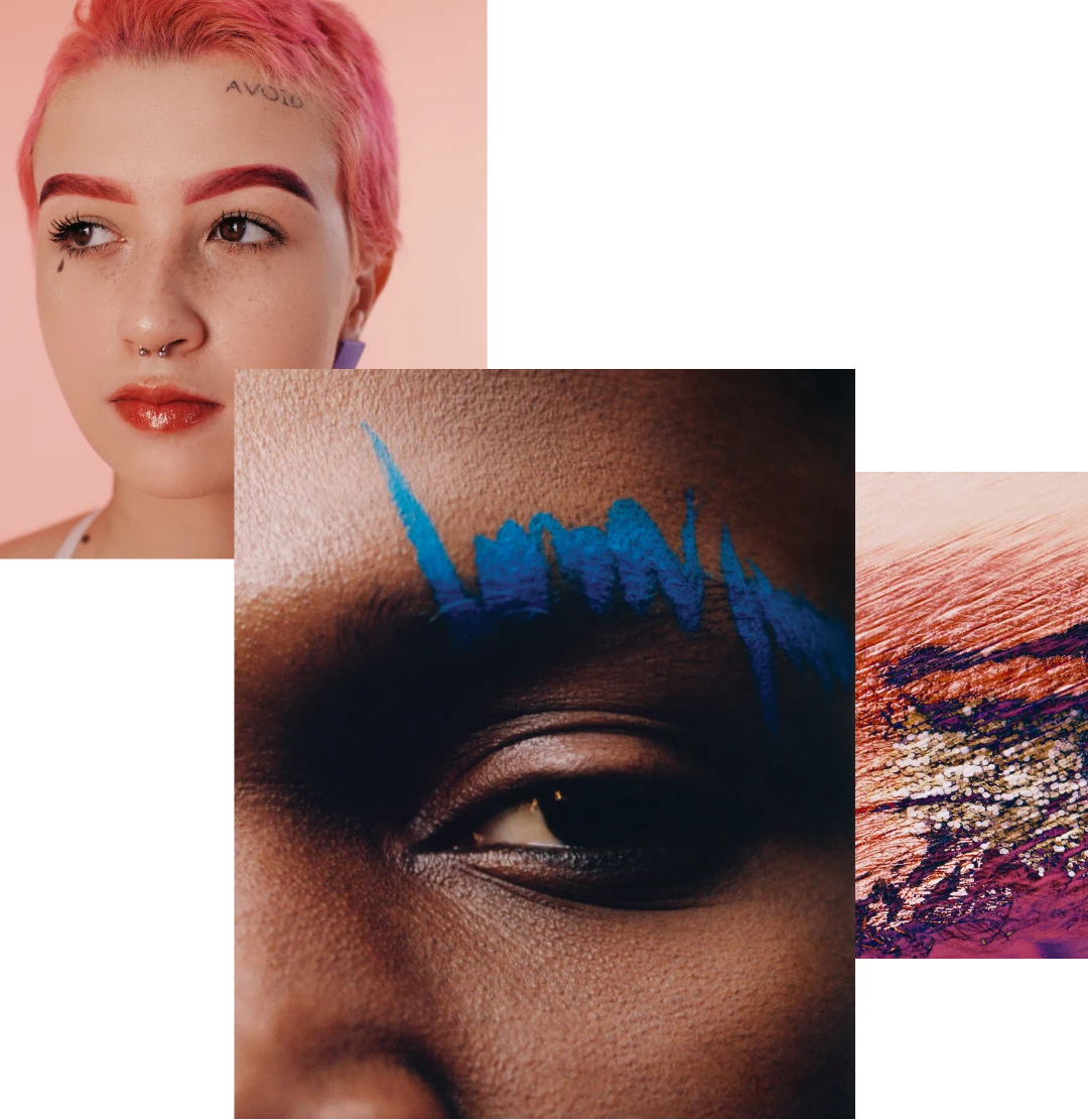 Grupo de imágenes que presenta lo siguiente: mujer de cabello y cejas color rosa con lápiz labial color rosa a juego, hombre con un garabato de lápiz azul en una ceja y collage abstracto de muestras de maquillaje de colores.  