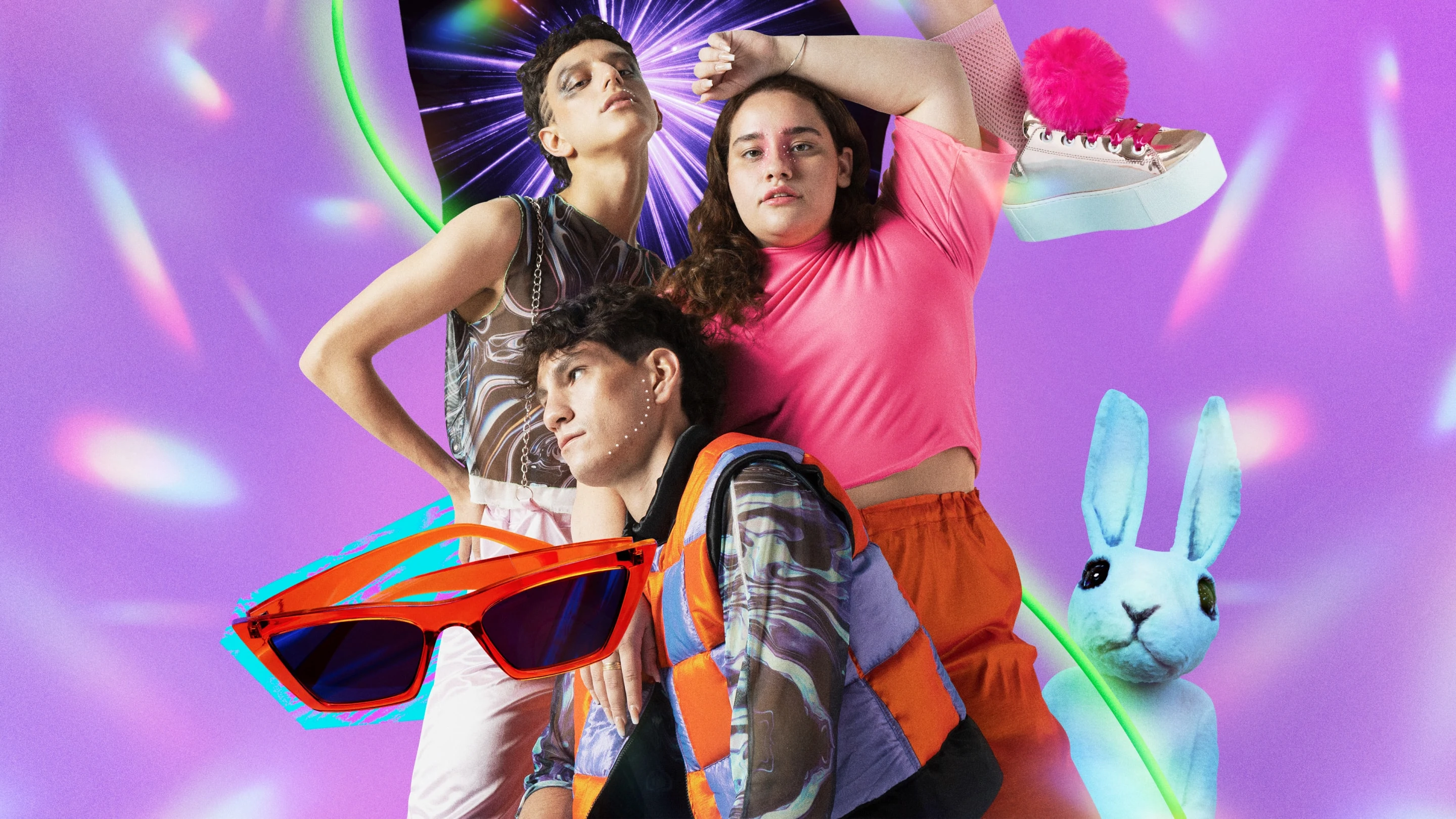 Collage featuring three people of different ethnic and gender identities posing in bright clothing, surrounded by rave-inspired items. 