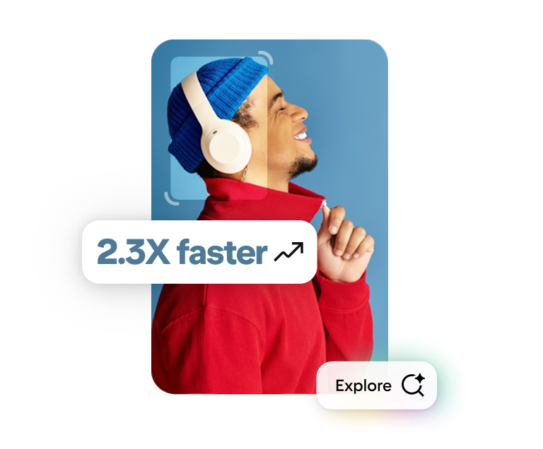 A Pin showing a man wearing a blue hat and white headphones. The words “2.3X faster” and “explore” also appear overlaid. 