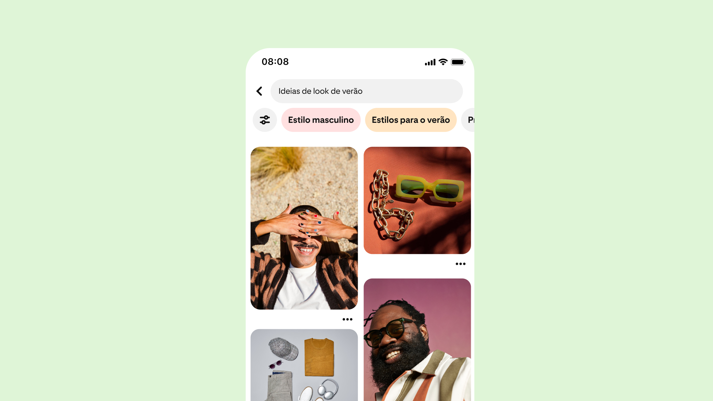 Feed inicial do Pinterest com o texto "ideias de looks para o verão" na barra de pesquisa. Quatro Pins inspirados no verão preenchem o feed.