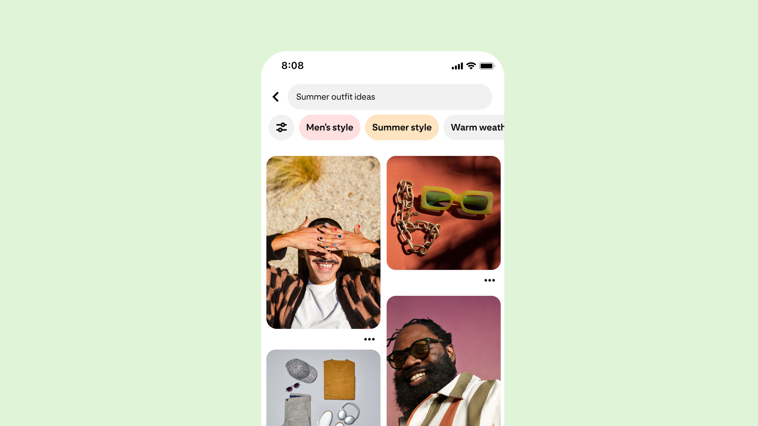 Pinterest home feed with “Summer outfit ideas” typed in the search bar, four different Summer-inspired Pins fill the feed.