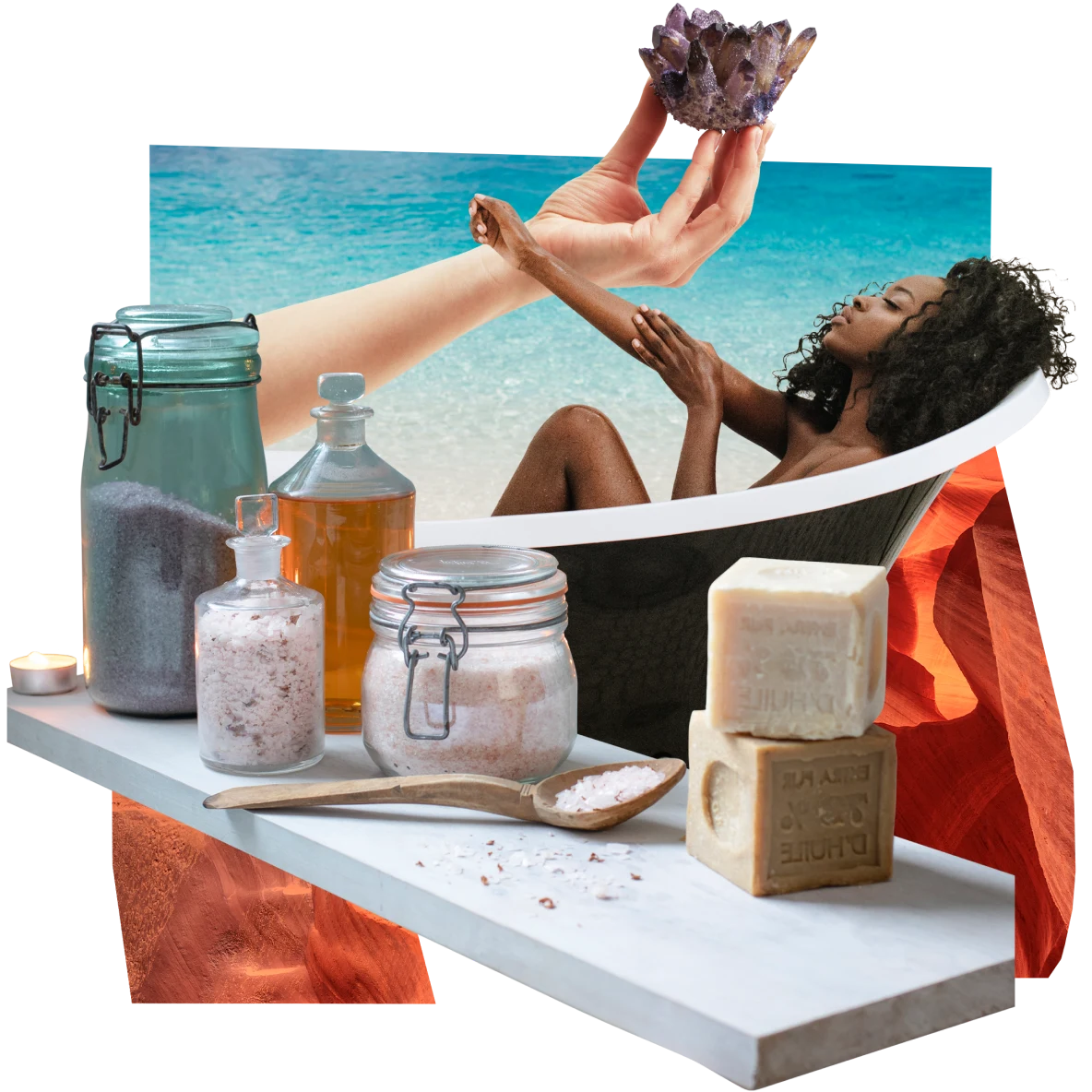 Collage of natural items. Several glass containers and jar are filled with salts and oils. Big blocks of soap are stacked on the right. A Black woman lounges in a dark wood and porcelain bath, against a blue sea backdrop.