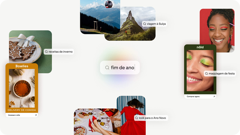 Colagem de ideias de pesquisa de fim de ano, incluindo receitas, viagens, maquiagem de festa e looks de Ano-Novo.