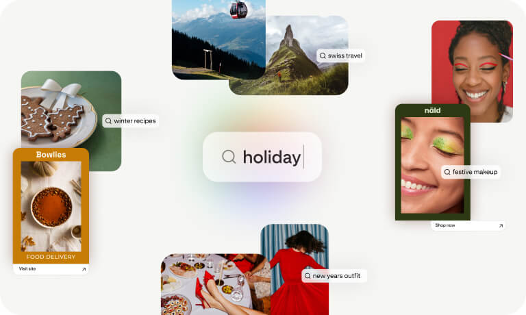 Collage of holiday search ideas including winter recipes, Swiss travel, festive makeup, and New Year’s outfits.