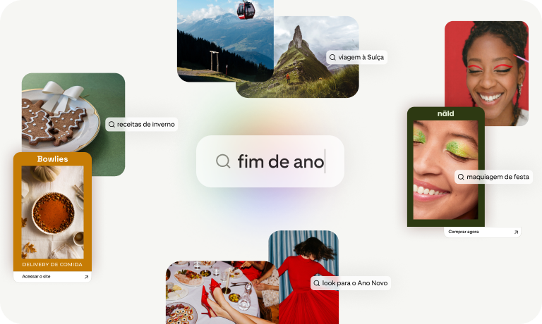 Colagem de ideias de pesquisa de fim de ano, incluindo receitas, viagens, maquiagem de festa e looks de Ano-Novo.
