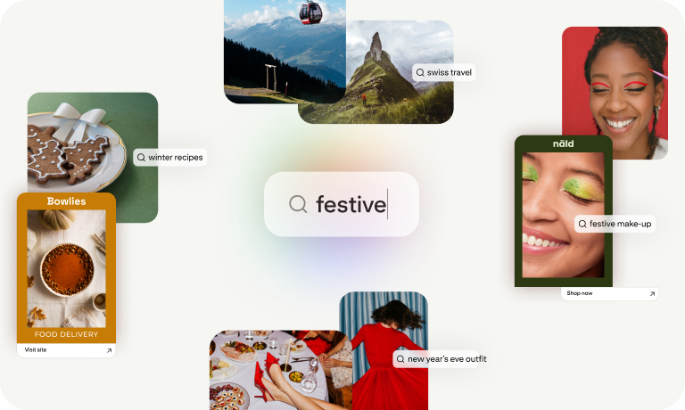 Collage of festive search ideas including winter recipes, Swiss travel, festive make-up and New Year’s Eve outfits.