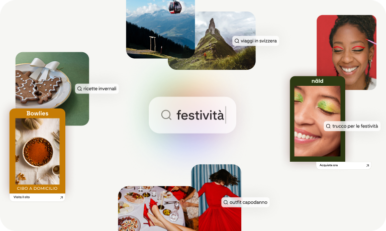 Collage con idee di ricerca per le festività, tra cui ricette invernali, viaggi in Svizzera, trucchi per le feste e outfit per Capodanno.