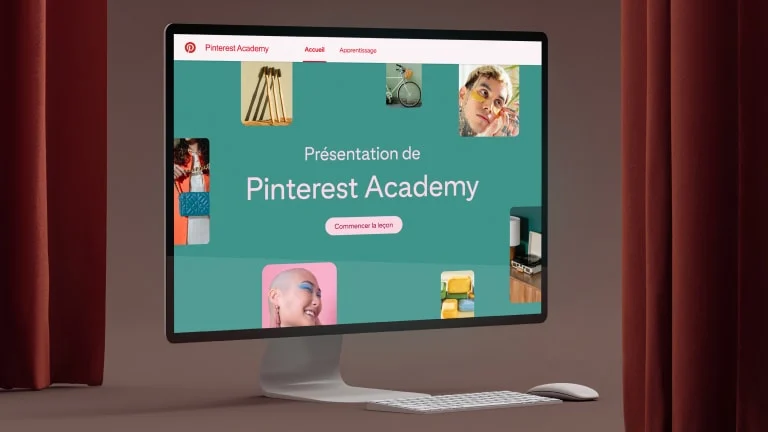 Ordinateur de bureau montrant un visuel fictif de la page d’accueil pour Pinterest Academy.