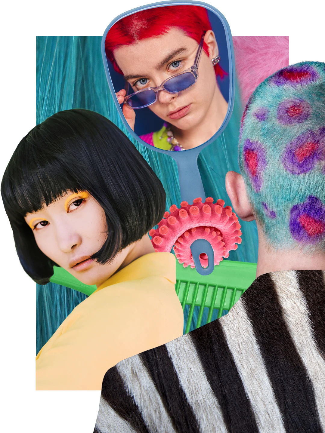 Collage of hairstyles and styling items. Hand mirror showing reflection of white person with bright red hair. Back of head dyed with a leopard print pattern. East Asian woman with a bob cut. Combs and shears.
