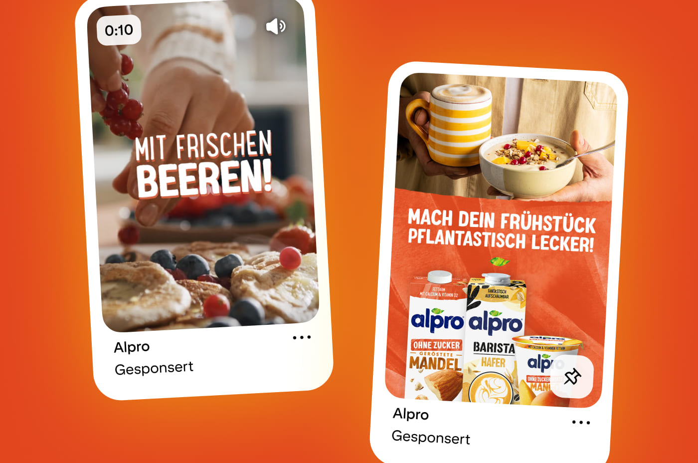 Zwei Pinterest-gesponserte Alpro-Pins: links Video mit frischen Beeren über einem Frühstück („Mit frischen Beeren!“), rechts Motiv mit Schale Müsli und Alpro-Produkten („Mach dein Frühstück plantastisch lecker!“).