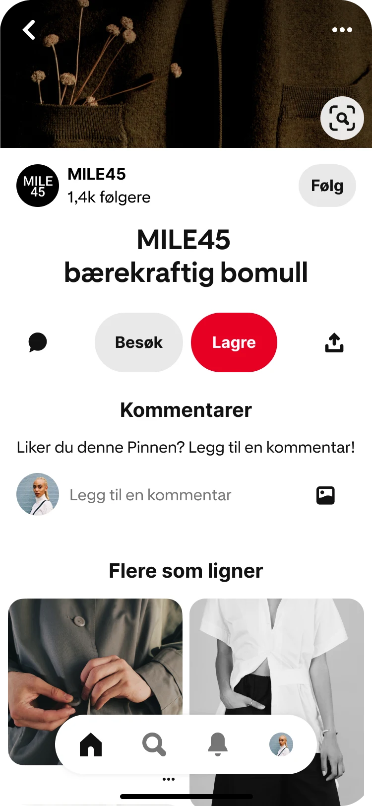 Mobilvisning av Pinterest-appen som viser funksjonen Relaterte Pins med tittelen «Flere som ligner» under en fokusert visning av Pin med bærekraftig MILE 45-bomull.