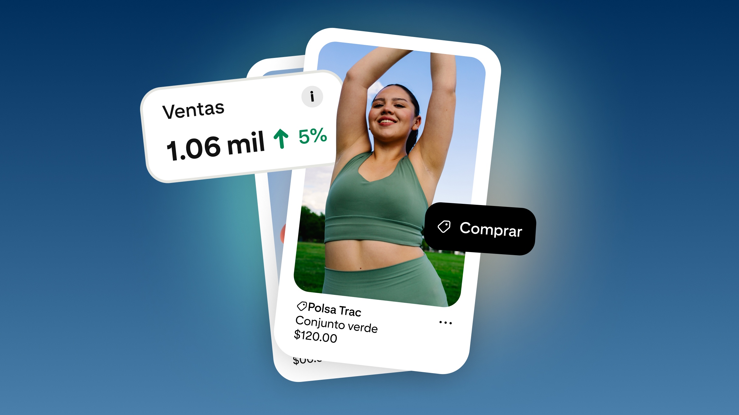 Anuncio Shopping ficticio de Pinterest con una mujer vistiendo un conjunto deportivo verde, con el botón Comprar y una tarjeta de ventas que indica 1.06 mil ventas, un aumento del 5%.