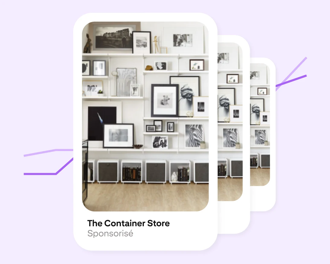 Une annonce de The Container Store dupliquée trois fois. Elle montre une variété de cadres et de boîtes de rangement sur des étagères blanches.