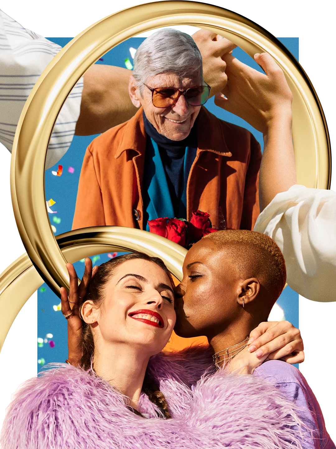 Collage of relationship themes. Two entangled wedding bands in the center. Older white man holds a bouquet of roses. Interracial queer couple kissing on the cheek. White hands joined in the background.
