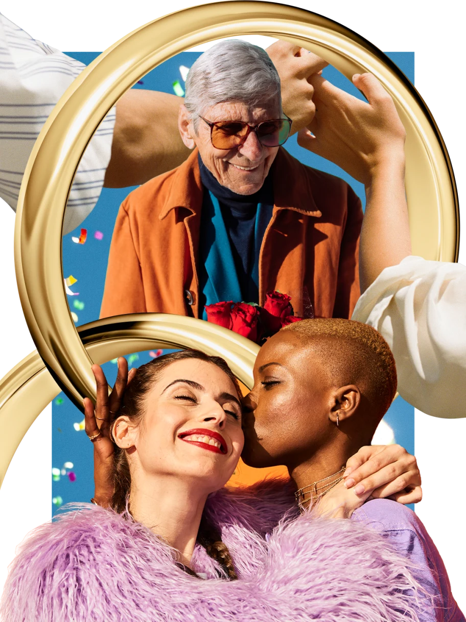Collage of relationship themes. Two entangled wedding rings are in the centre. An older white man holding a bouquet of roses is behind an interracial queer couple, who are kissing on the cheek. White hands are joined in the background.
