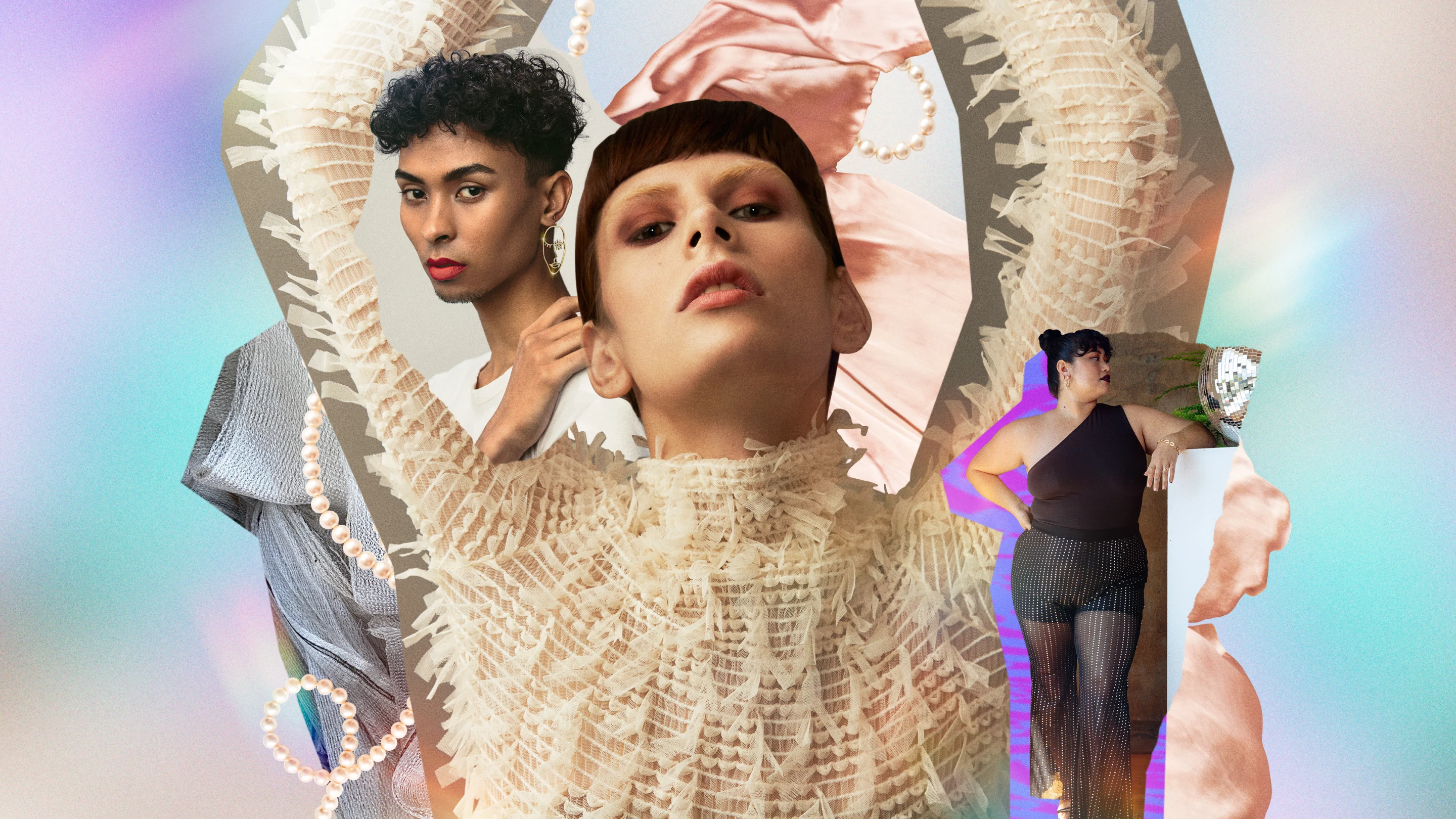 Collage etéreo que presenta a tres personas de varias razas e identidades de género adornadas con ropa sensual, brillante, fluida y agnóstica de género.