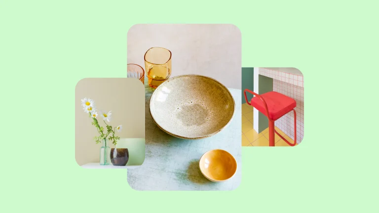 Três imagens em um fundo verde limão. À esquerda, uma foto de margaridos em um vaso claro. No meio, uma tigela e óculos e à direita, uma imagem de cadeira vermelha em um balcão.