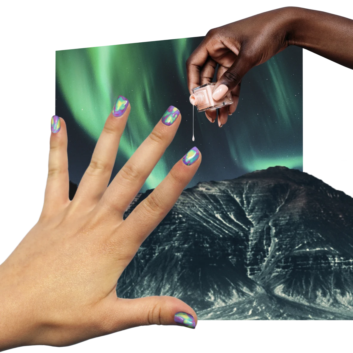 Black hand on right pours a drop of pink nail polish onto a white hand at left with pastel-colored tips. Aurora and a mountain scene in the background.