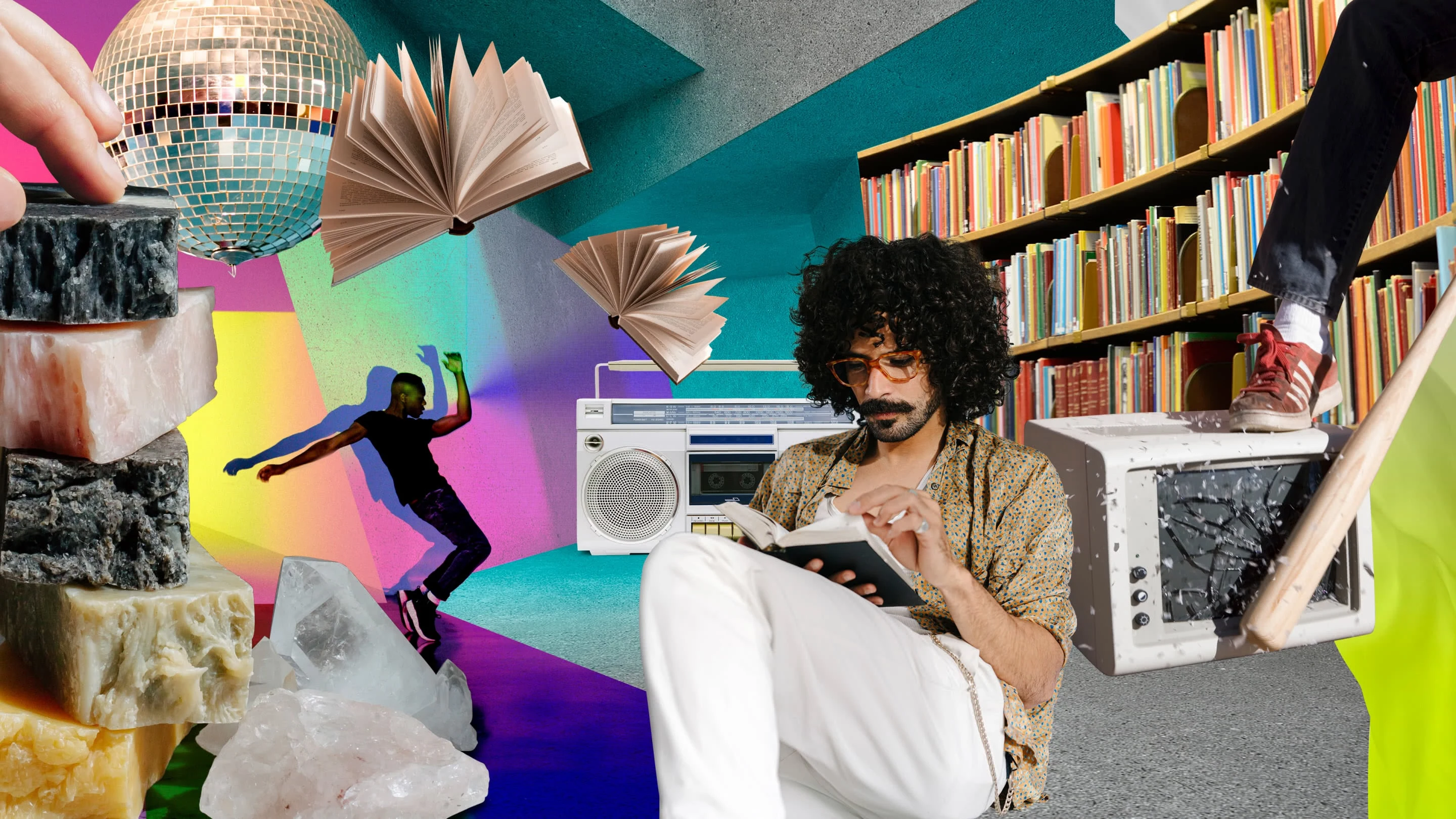 Collage of meditative and emotional items. White hand touching a tower of different colored square rocks. Clear quartz and rose quartz. Disco ball. White man resting and reading a book. Black man dancing. Library stacks. Two floating books, pages fluttering. A hand with a bat breaking a computer monitor. 
