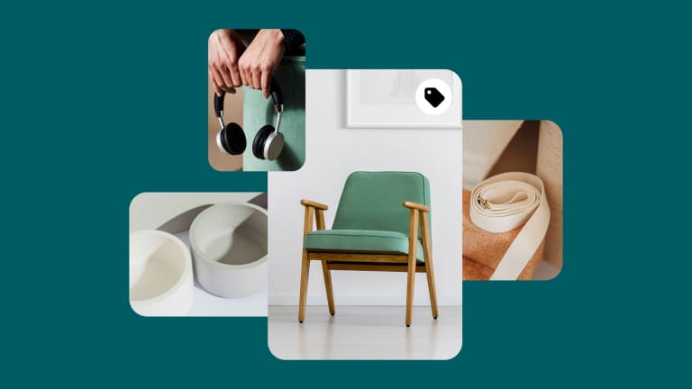 On a green background, there are four images. To the left,  one white and one gray bowl. Above it,  two hands are clutching silver headphones and a picture of a mint green chair.  An image of a tan tape measure, sitting on top of a cork-colored ledge.