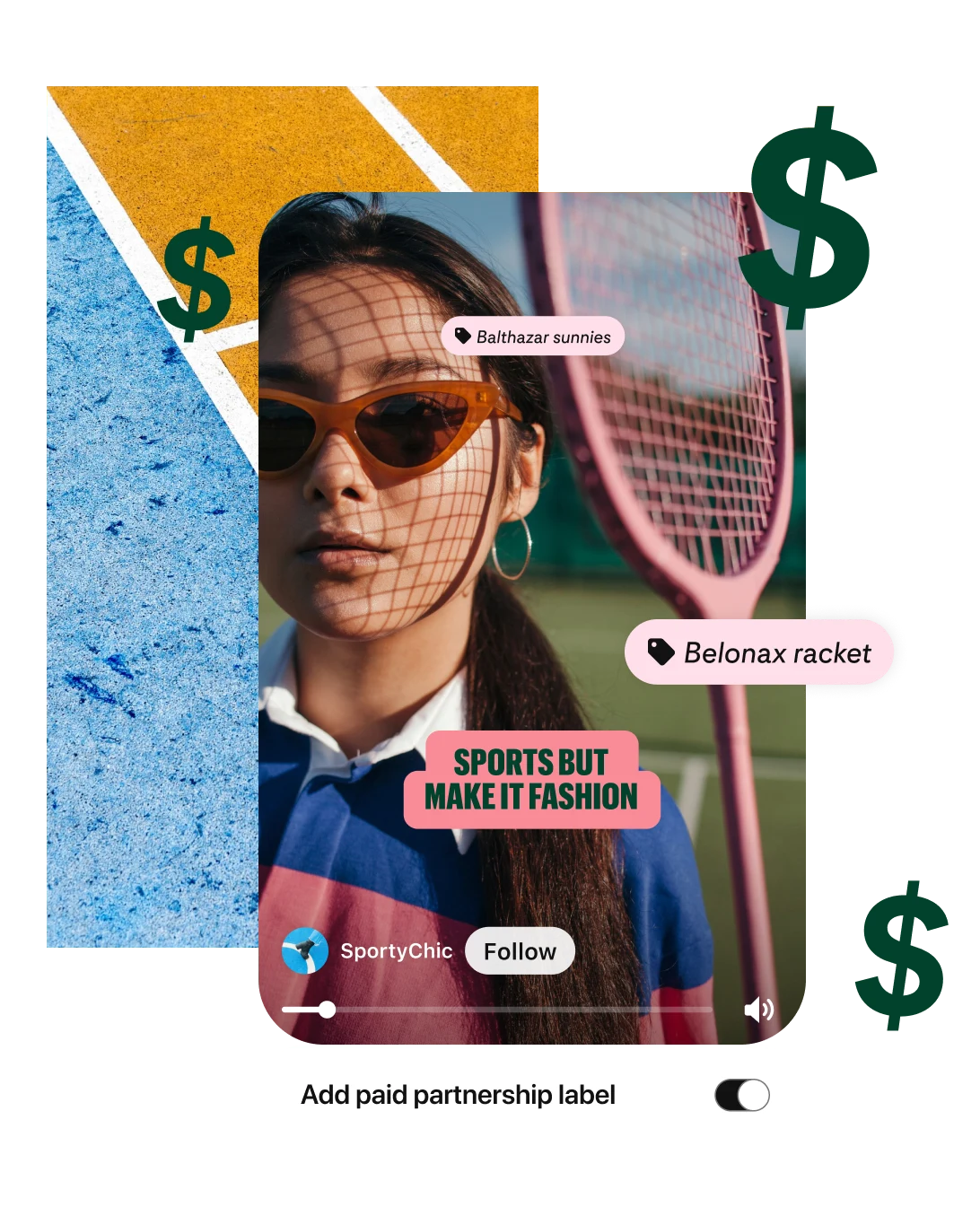 Стоп-кадр із відеопіна з азіаткою в помаранчевих сонцезахисних окулярах, яка позує на камеру, тримаючи рожеву тенісну ракетку. На пін накладено напис «Спорт зі стилем».
