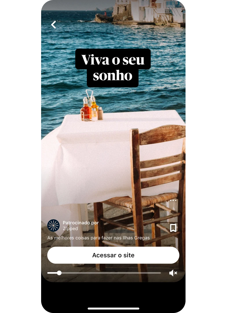 Miniatura da prévia de um Idea Ad mostrando uma mesa de jantar com vista para um rio com o título "Viva seu sonho" e um botão "Visitar site" centralizado na parte inferior.