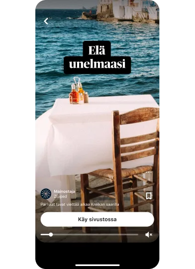 Ideamainoksen esikatselupikkukuva, jossa on ruokapöytä ja näkymä merelle, otsikkona "Elä unelmaasi" ja keskellä alhaalla Vieraile sivustolla -painike.