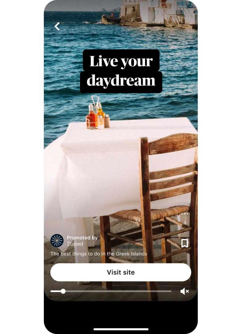 Idea ad preview thumbnail showing a dining table with a waterfront view titled ‘Live your dream’ with a ‘Visit site’ button at the bottom.