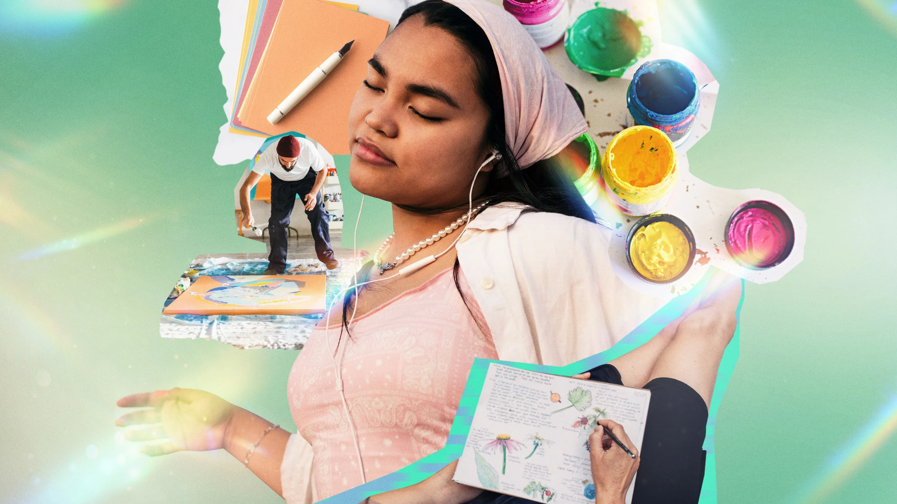 Collage featuring an Asian woman listening to music surrounded by watercolor paints, a woman journaling, a man spray painting a canvas and a stack of paper with pen.