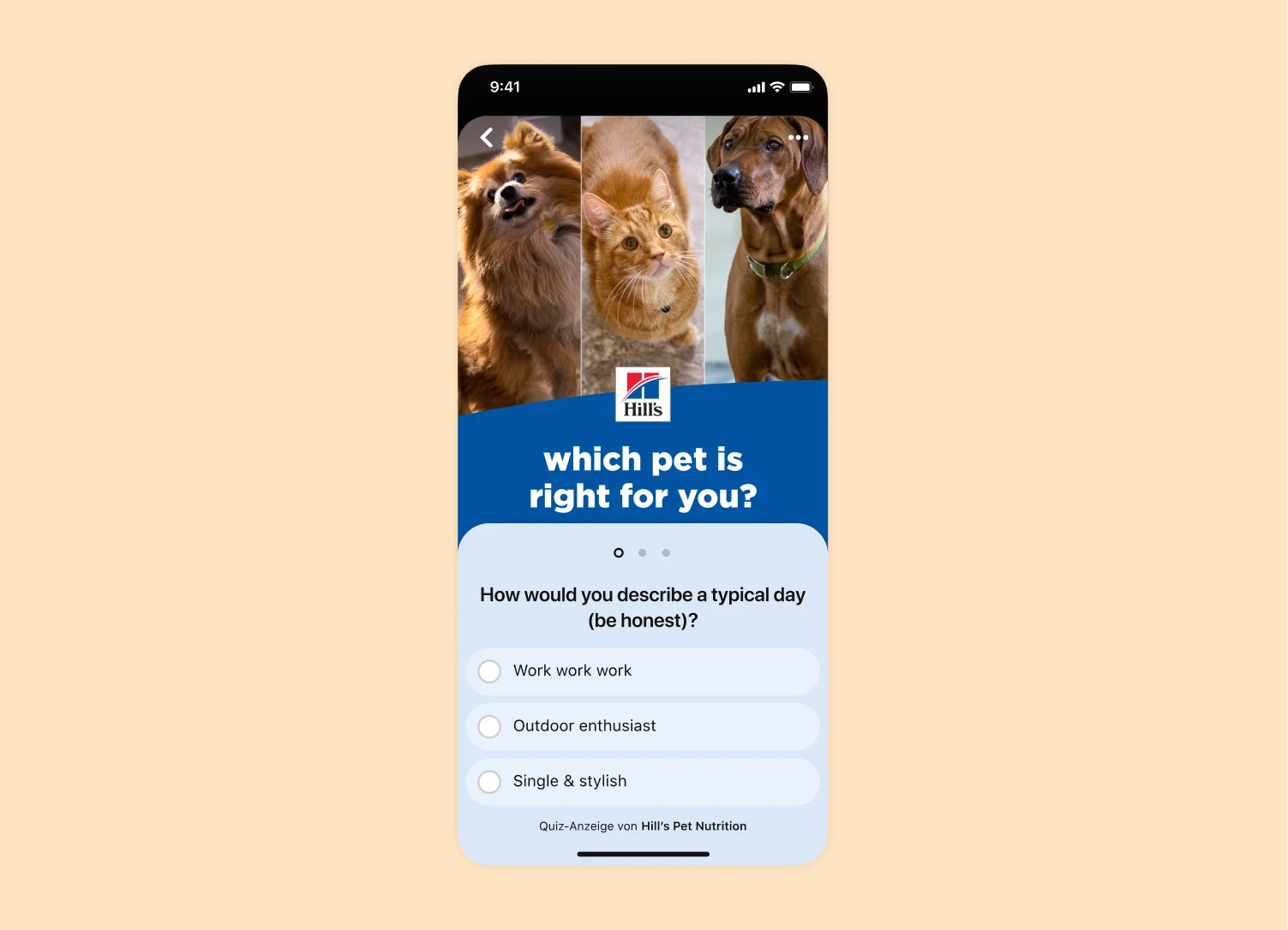 Eine mobile Bildschirmansicht einer Pinterest-Quiz-Anzeige für den Tiernahrungshersteller Hill's Pet Nutrition.