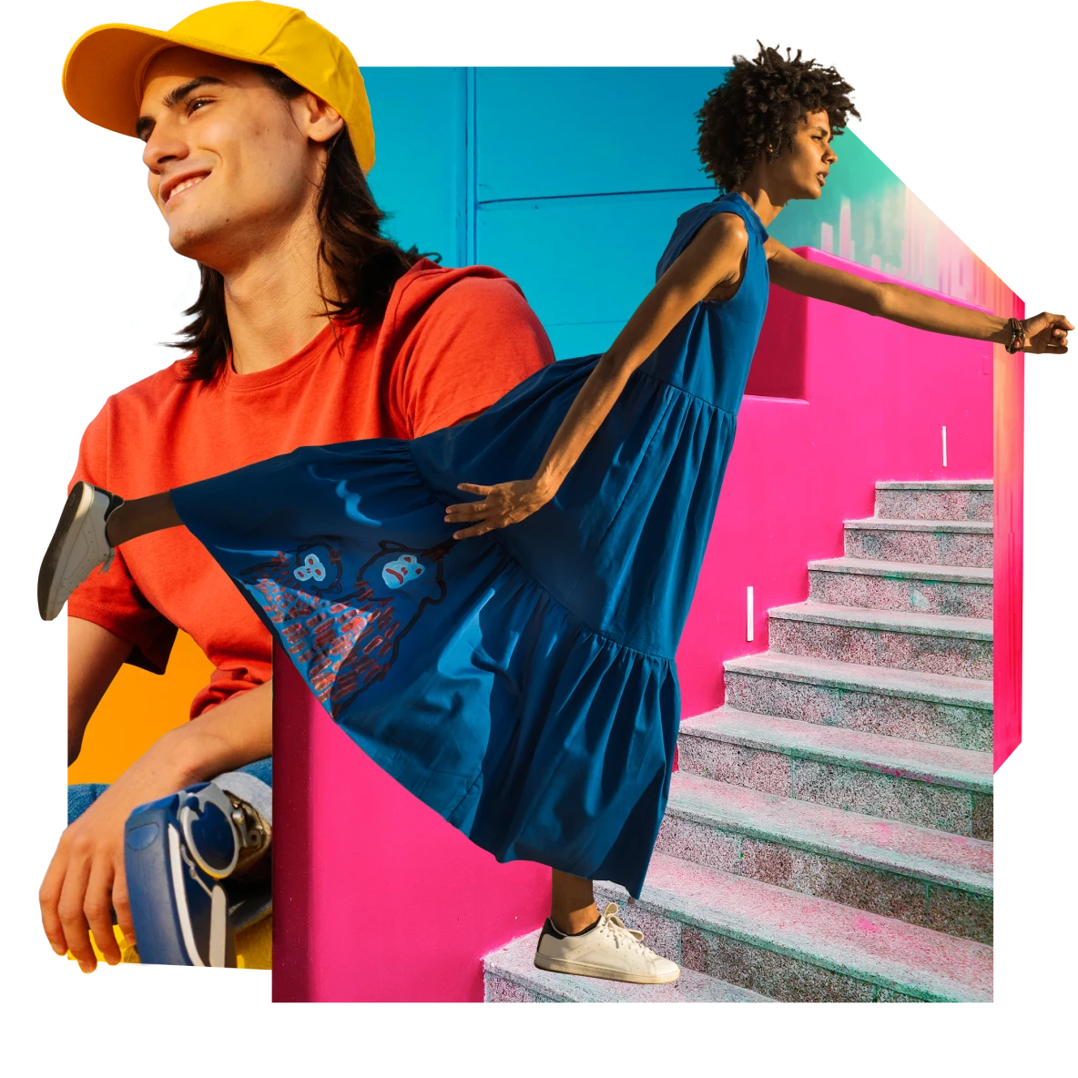 White man with prosthetic legs and long dark hair wears a bright yellow baseball cap and orange shirt. Black woman in a breezy blue dress, walking up gray stairs in a pink stairway. Blue background.