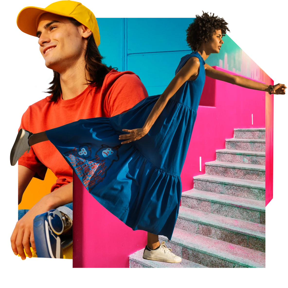 A white man with prosthetic legs and long black hair wears a yellow hat and an orange shirt. Black woman wearing a red dress on the gray steps of a red staircase. Blue blue.