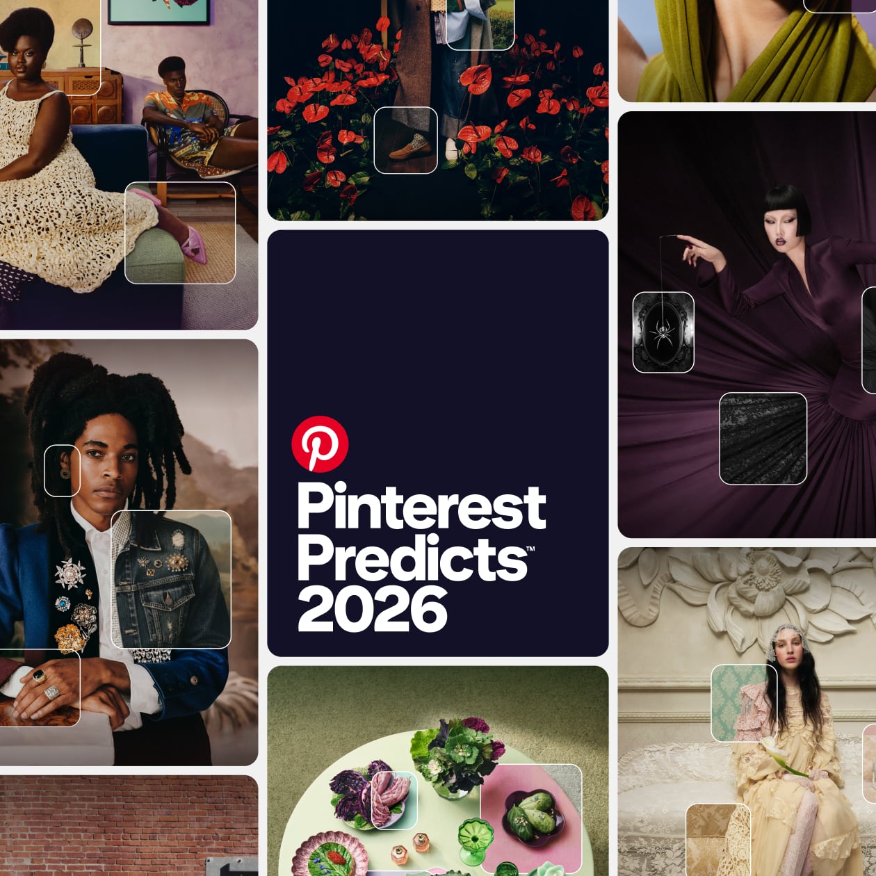 Una griglia di immagini mostra alcune delle tendenze di Pinterest Predicts 2026, come Cimeli di famiglia e Romanticismo vamp. Al centro, un rettangolo blu scuro con la scritta "Pinterest Predicts 2026" in un carattere bianco.