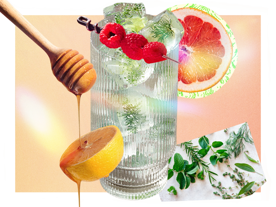 Collage featuring barware tools and a glass of ice cubes, surrounded by a honey dipper dripping honey on a lemon, a slice of grapefruit and various herb garnishes.