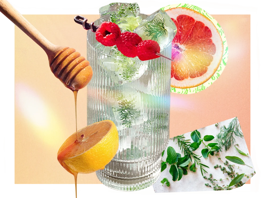 Collage featuring barware tools and a glass of ice cubes, surrounded by a honey dipper dripping honey on a lemon, a slice of grapefruit and various herb garnishes.