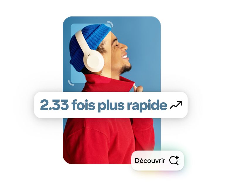 Épingle avec un homme portant un bonnet bleu et un casque blanc. Les mentions « 2.33 fois plus rapide » et « Explorer » sont également affichées en surimpression. 