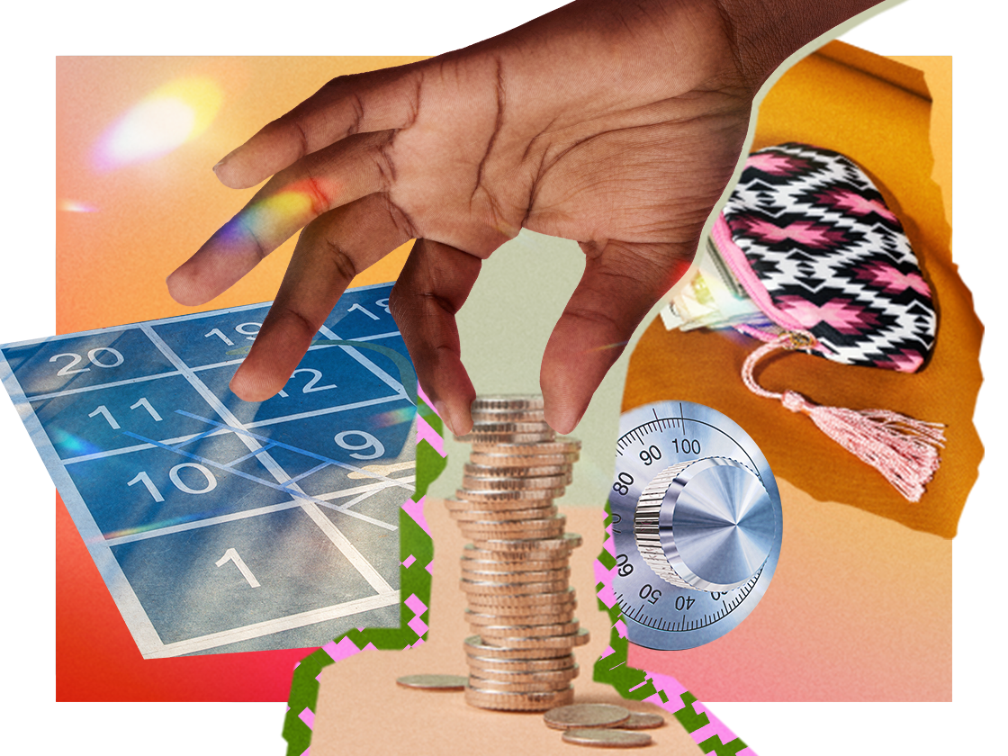 Brightly-colored collage featuring Black hands stacking coins, along with a change purse, lock dial and whimsical shapes and textures.