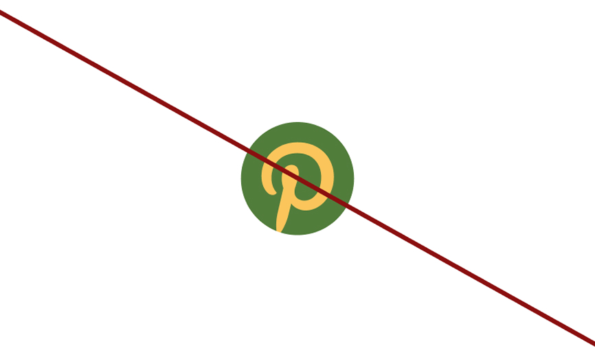 Strike-through of a green and yellow Pinterest logo on white background